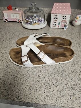 Birkenstock White Double-Strap Cork Footbed Sandals with Rose-Gold Buckles